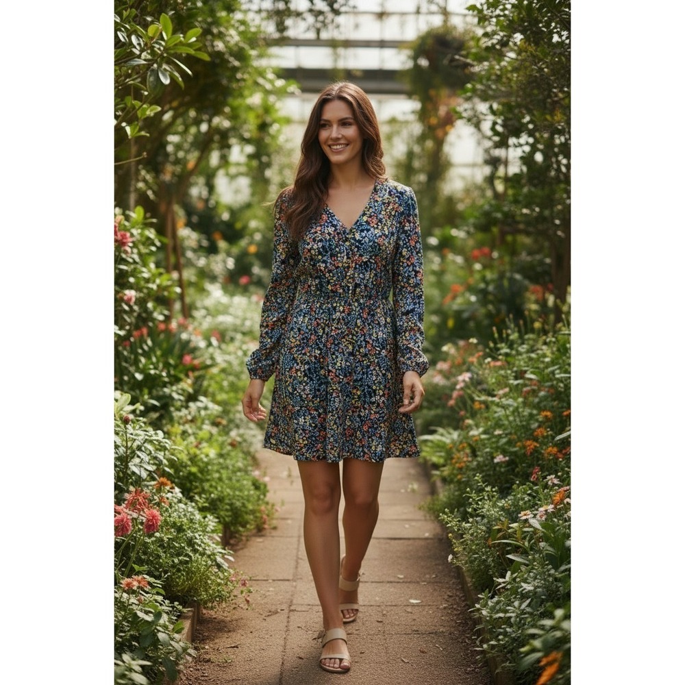 Nasty Gal Navy Multicolored Heart Print V-Neck Long Sleeve Mini Swing Dress SZ L